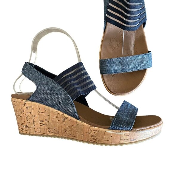 Skechers Beverlee - High Tea Wedge Sandal in Navy Blue Strappy Women's Sz 8 - Picture 3 of 9